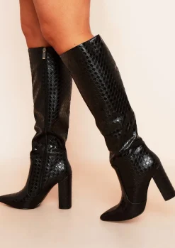 Outlet Paria Black Pu Pointed Toe Heeled Knee High Boots Women Boots