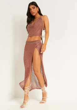 Paris Bronze Metallic Knit High Split Midaxi Skirt^Missy Empire Hot
