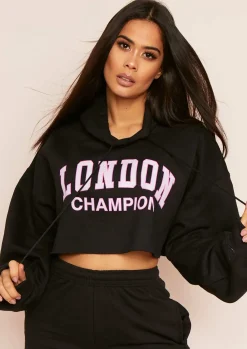 New Parker Black Slogan Oversized Cropped Hoodie Women Loungewear