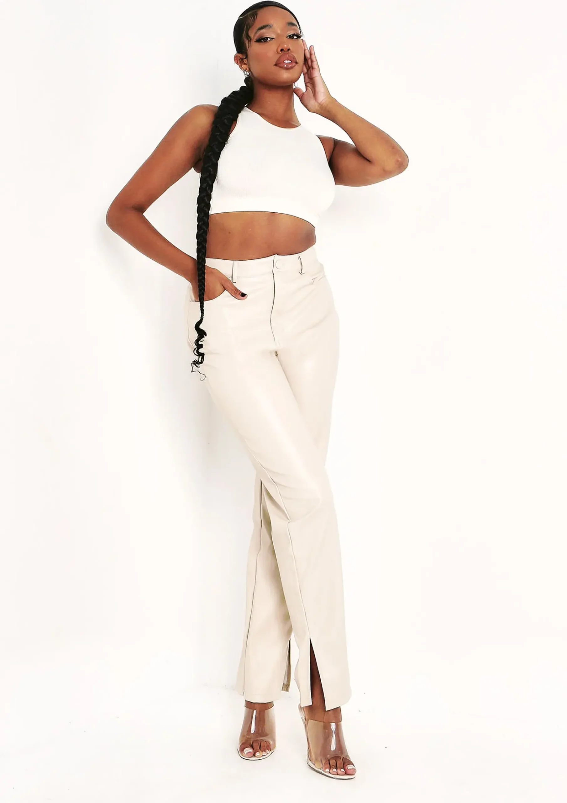 Flash Sale Perrie Stone Faux Leather Straight Leg Split Detail Trousers Women Trousers