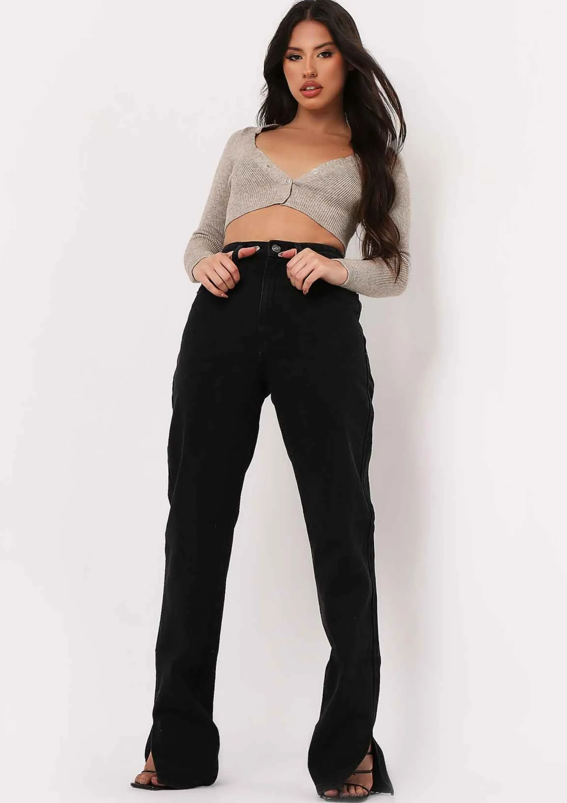Perrie Black Straight Leg Split Detail Jeans^Missy Empire Cheap