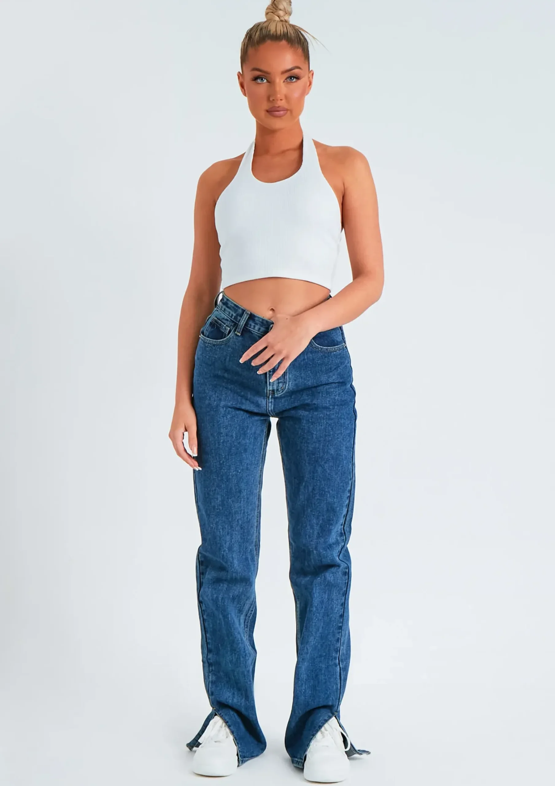 Perrie Dark Blue Denim Straight Leg Split Detail Jeans^Missy Empire Flash Sale