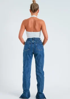 Perrie Dark Blue Denim Straight Leg Split Detail Jeans^Missy Empire Flash Sale