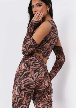 Phoebe Brown Print Crop Top With Sleeves Co-Ord^Missy Empire Shop