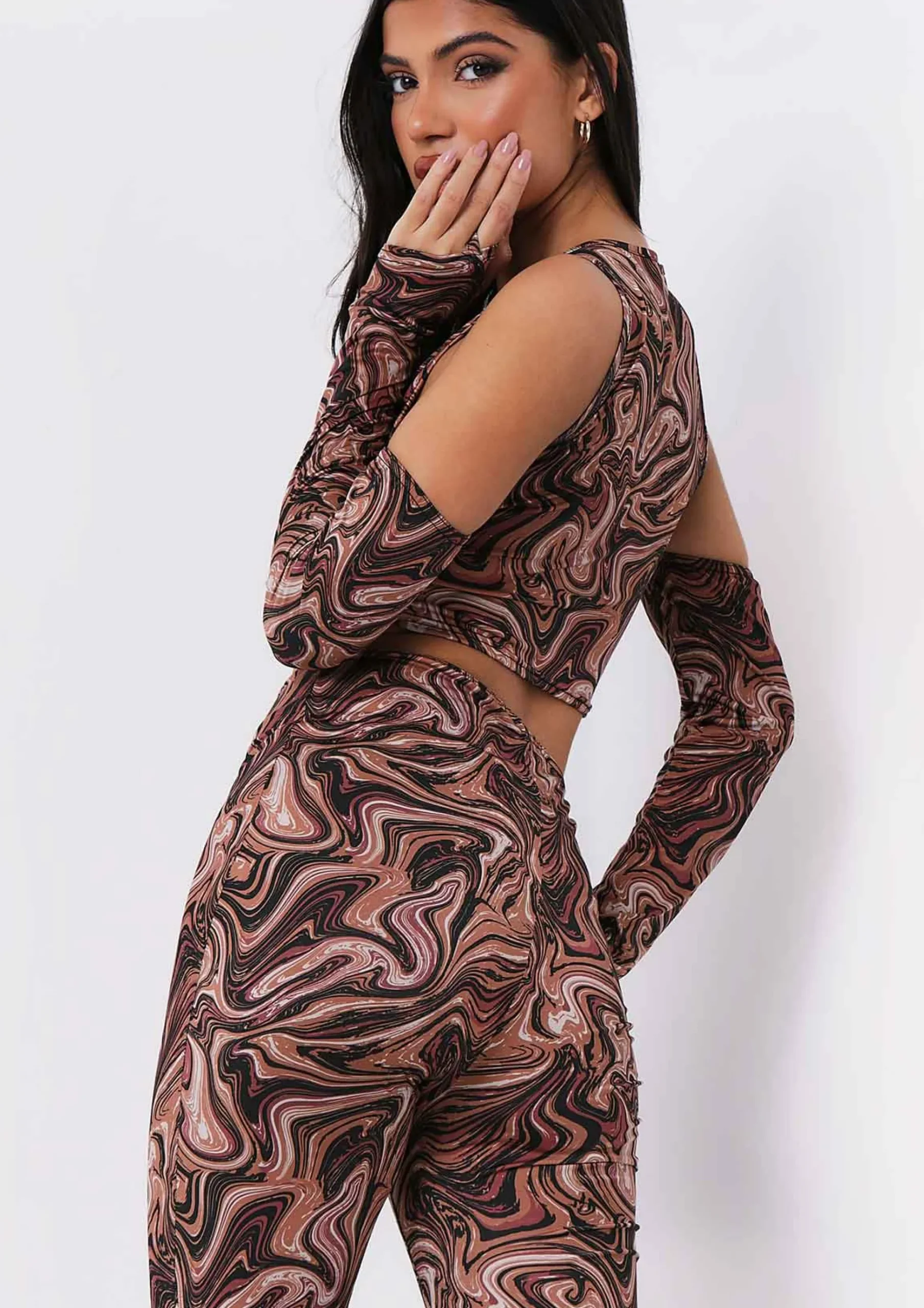 Phoebe Brown Print Crop Top With Sleeves Co-Ord^Missy Empire Shop