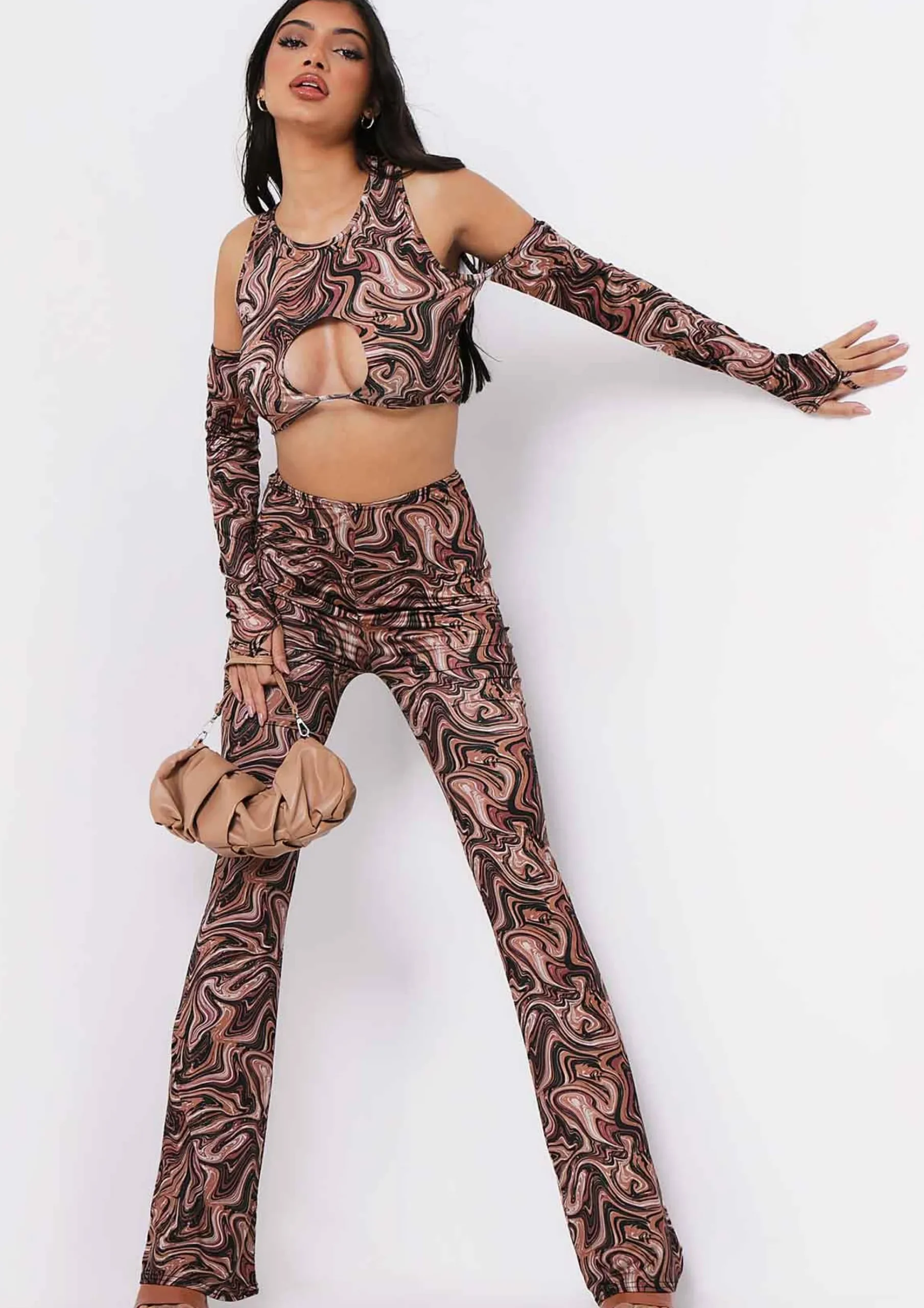 Phoebe Brown Print Crop Top With Sleeves Co-Ord^Missy Empire Shop