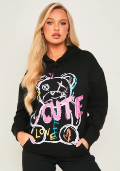 Pippa Black Bear Print Graffiti Hoodie^Missy Empire Best Sale