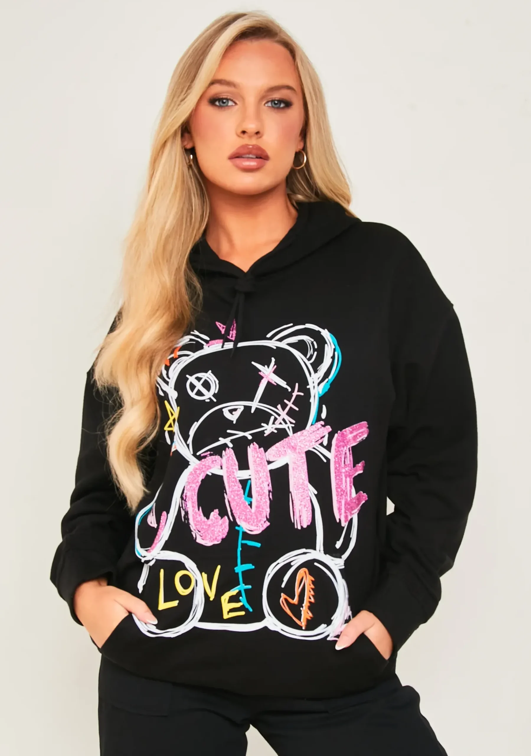 Pippa Black Bear Print Graffiti Hoodie^Missy Empire Best Sale