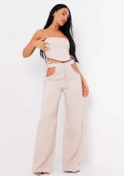 Best Sale Polly Sand Cut Out Side Wide Leg Trousers Women Trousers