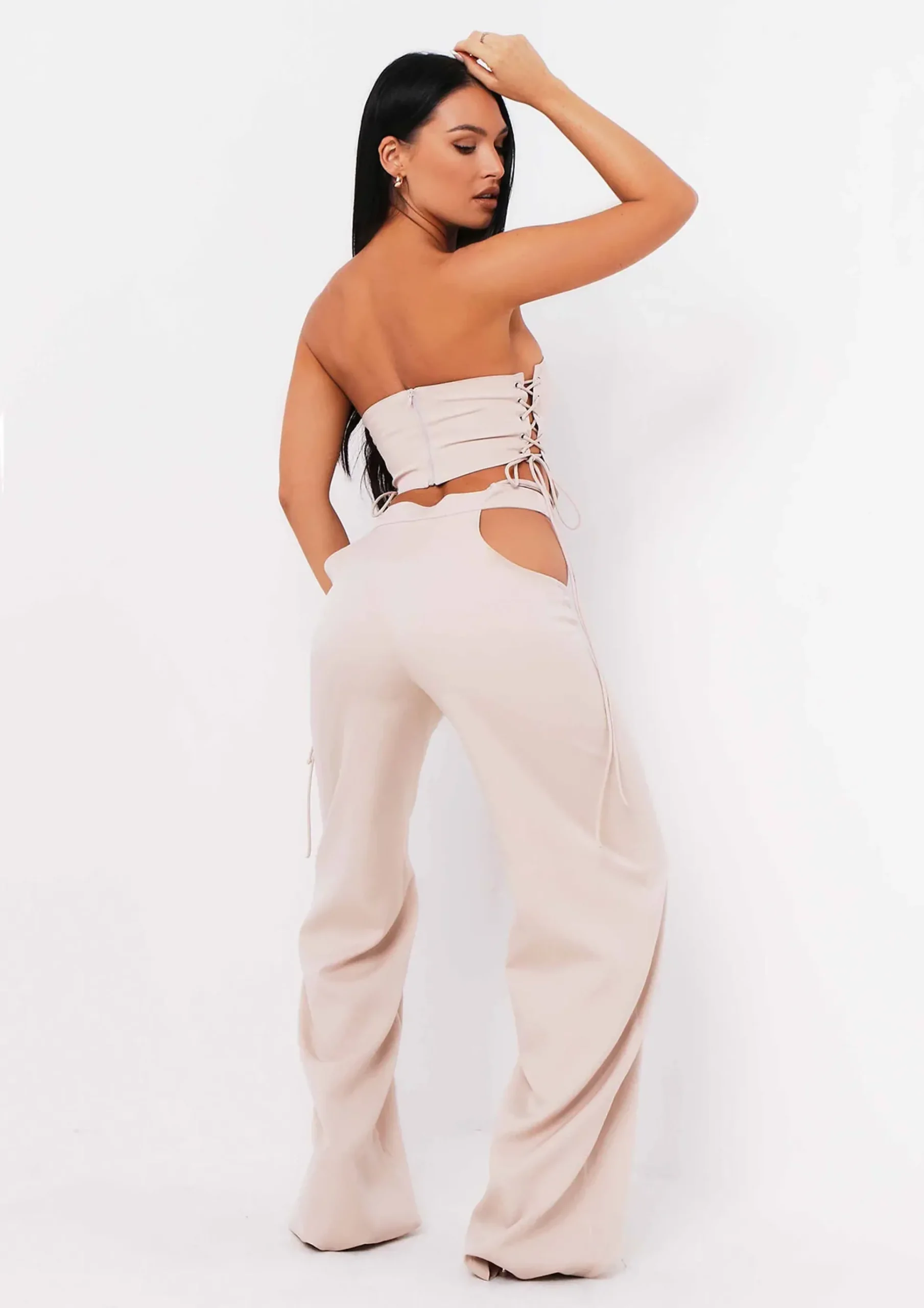 Best Sale Polly Sand Cut Out Side Wide Leg Trousers Women Trousers