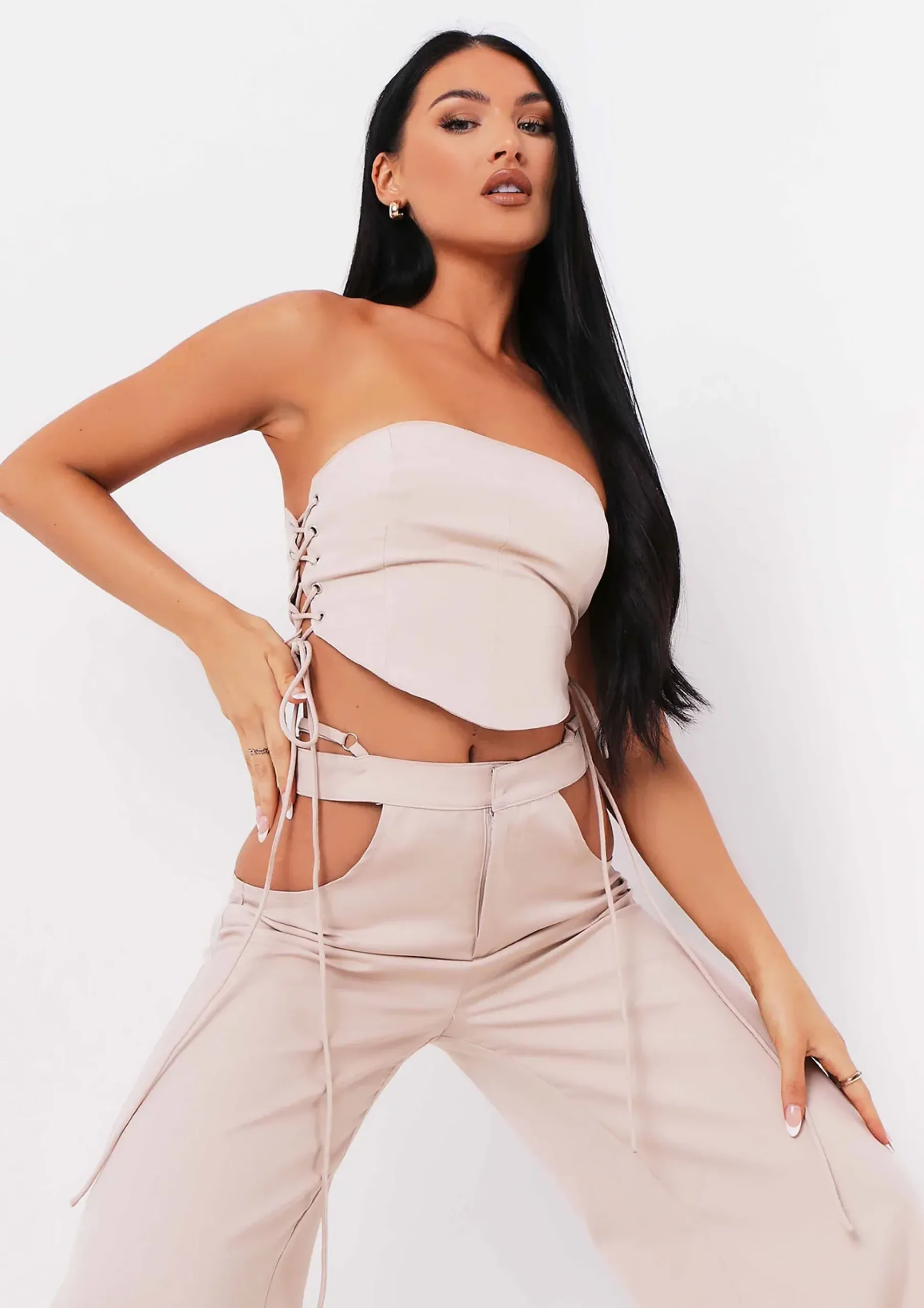 Best Sale Polly Sand Cut Out Side Wide Leg Trousers Women Trousers