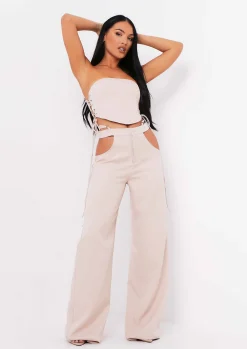 Best Sale Polly Sand Cut Out Side Wide Leg Trousers Women Trousers