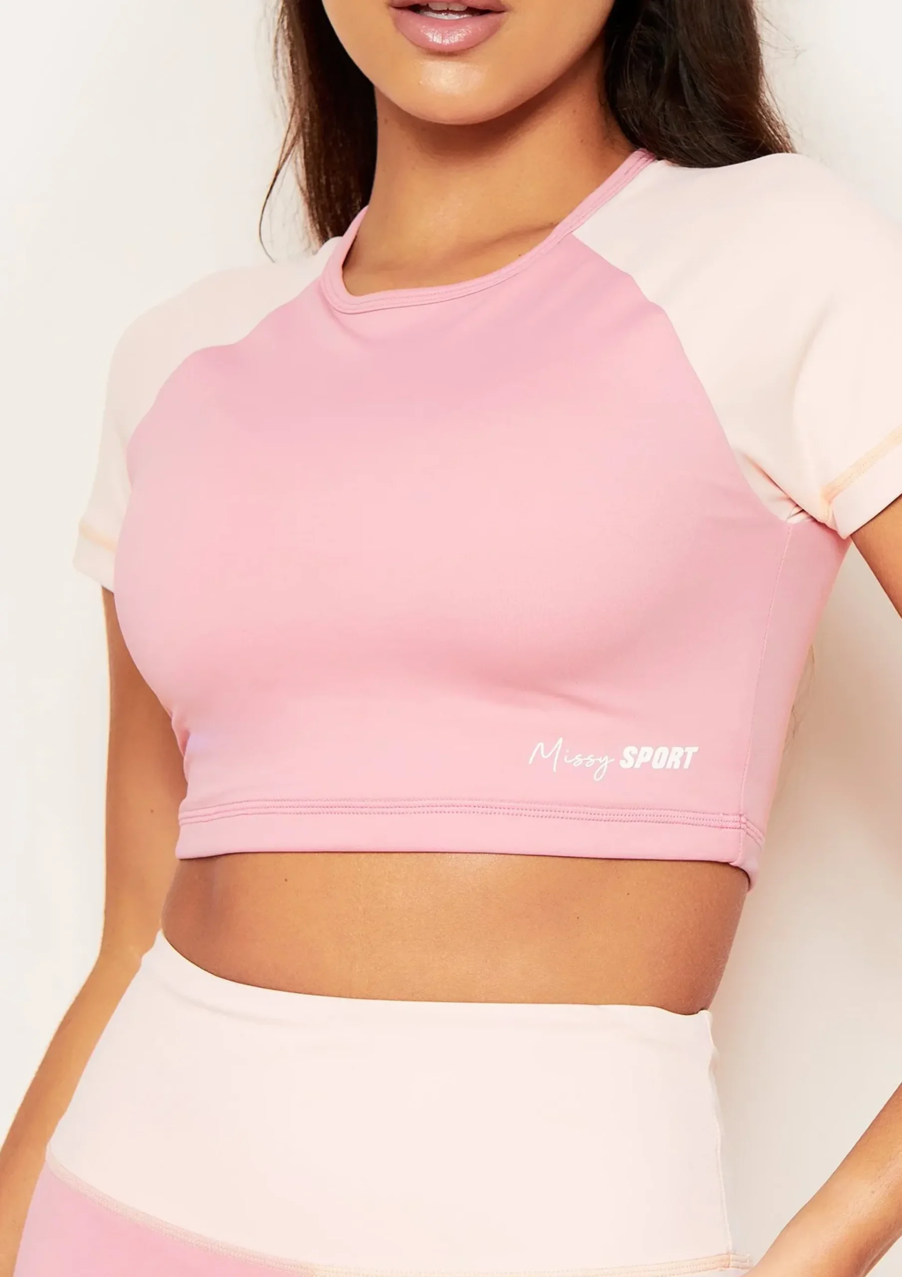 Fashion Poppy Pink Missy Sport Colour Block Cropped Gym T-Shirt Women Activewear