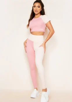Fashion Poppy Pink Missy Sport Colour Block Cropped Gym T-Shirt Women Activewear
