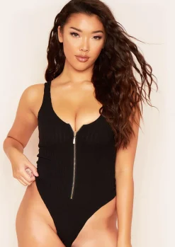 Psalm Black Plunge Zip Ribbed Bodysuit^Missy Empire Clearance
