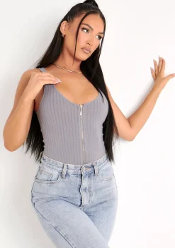 Psalm Grey Plunge Zip Ribbed Bodysuit^Missy Empire Best