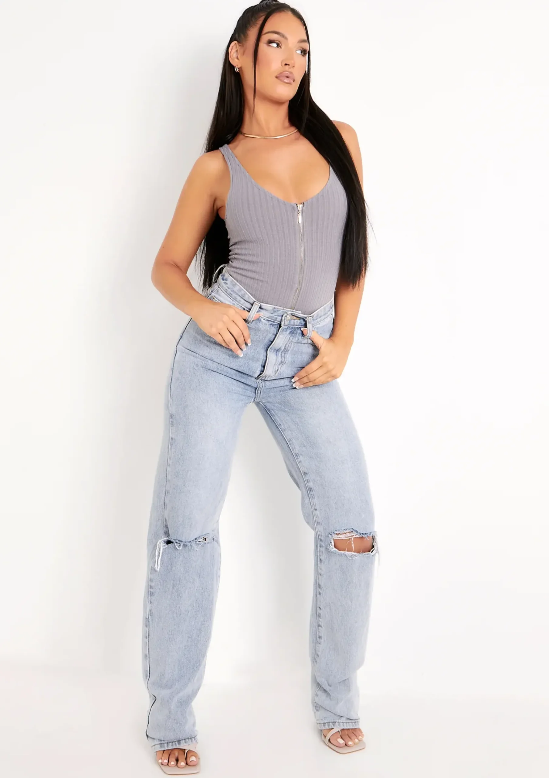 Psalm Grey Plunge Zip Ribbed Bodysuit^Missy Empire Best