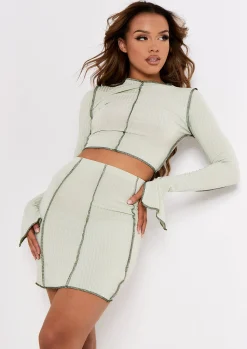 Rae Sage Contrast Stitch Slit Sleeve Ribbed Crop Top^Missy Empire Online