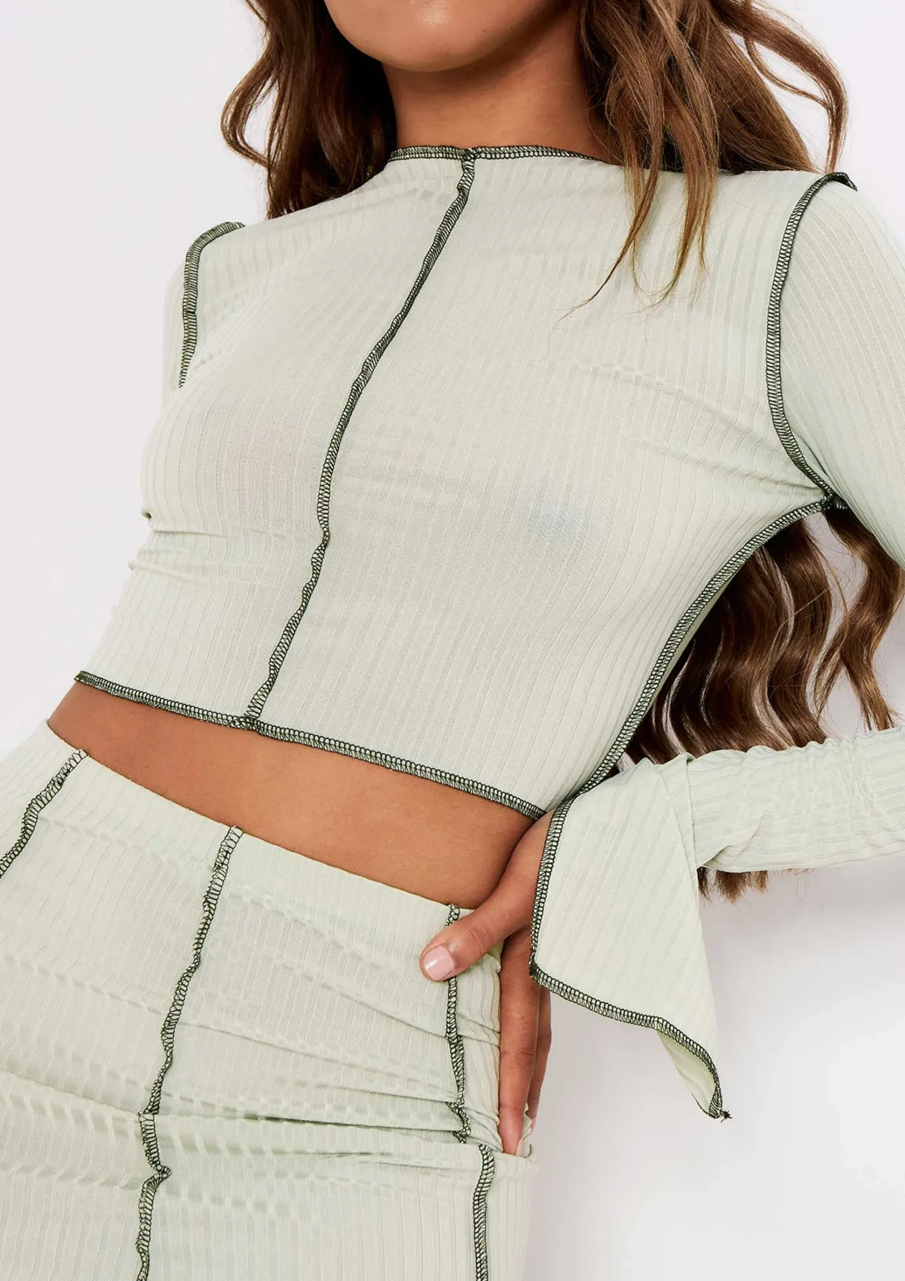 Rae Sage Contrast Stitch Slit Sleeve Ribbed Crop Top^Missy Empire Online