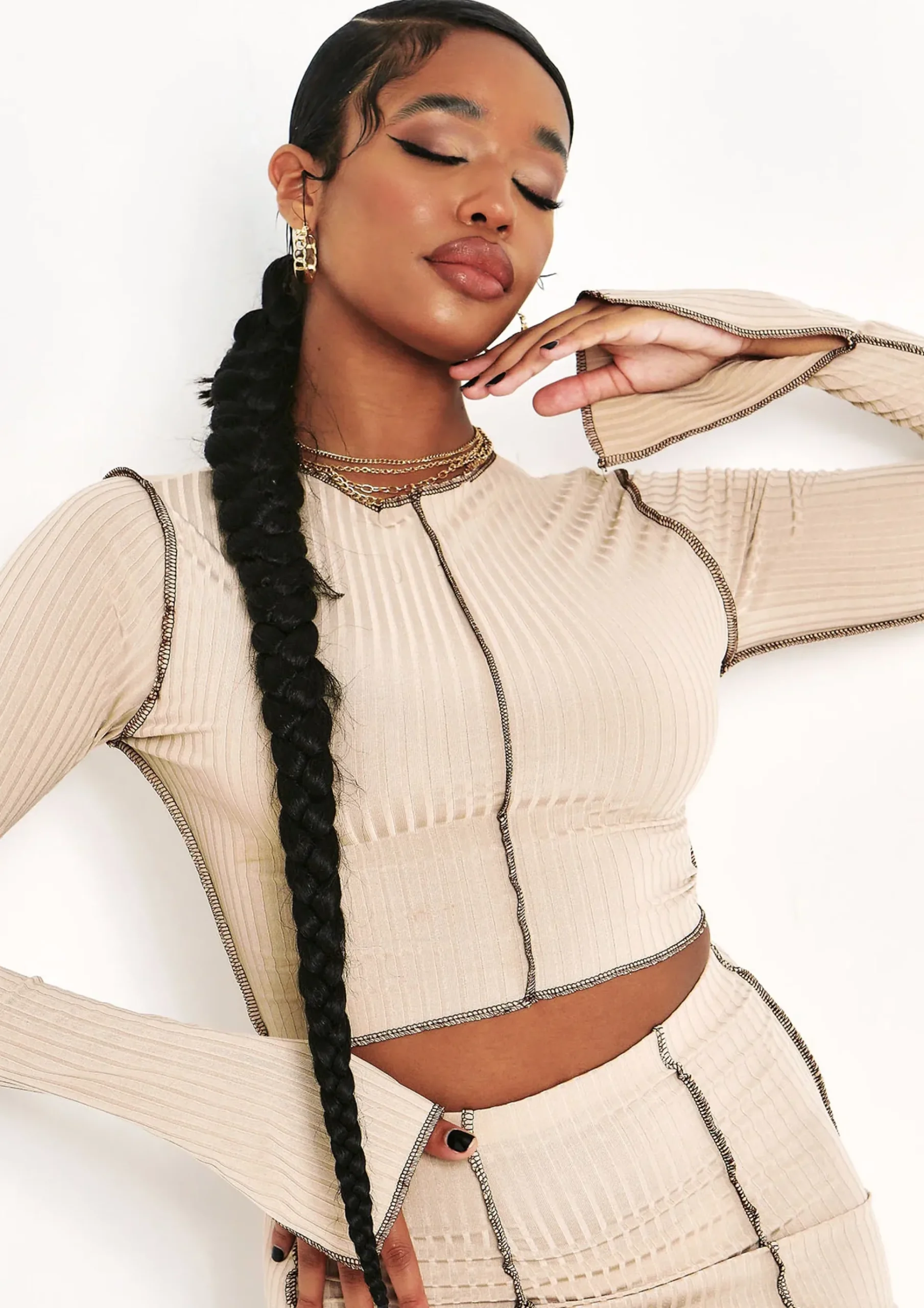 Rae Stone Contrast Stitch Slit Sleeve Ribbed Crop Top^Missy Empire Shop