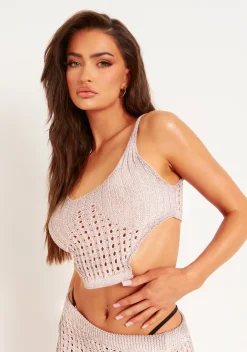 Raya Silver Metallic Knit Crochet Top^Missy Empire Cheap