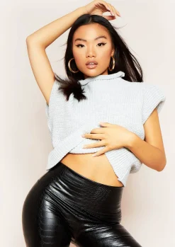 Rebecca Grey Shoulder Pad High Neck Knitted Top^Missy Empire Cheap