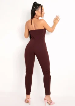 Best Sale Reese Chocolate Plunge Detail Halterneck Jumpsuit Women Jumpsuits & Playsuits