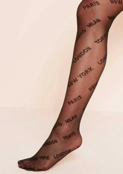 Discount Reeya Black Slogan Print Tights Women Socks & Tights