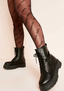Discount Reeya Black Slogan Print Tights Women Socks & Tights