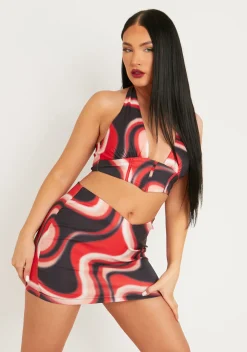Reyna Red Printed Bengaline Pointed Hem Crop Top^Missy Empire Clearance