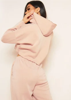 Clearance Rhea Beige V Neck Seam Detail Cropped Hoodie Women Loungewear