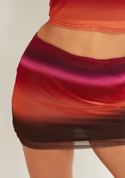 Rhea Pink Red Multi Gradient Printed Mesh Mini Skirt^Missy Empire Discount