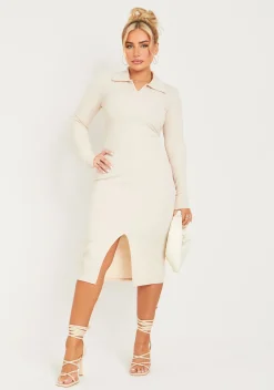 Fashion Rhianna Cream Crinkle Rib Long Sleeve Collared Midi Dress Women Dresses