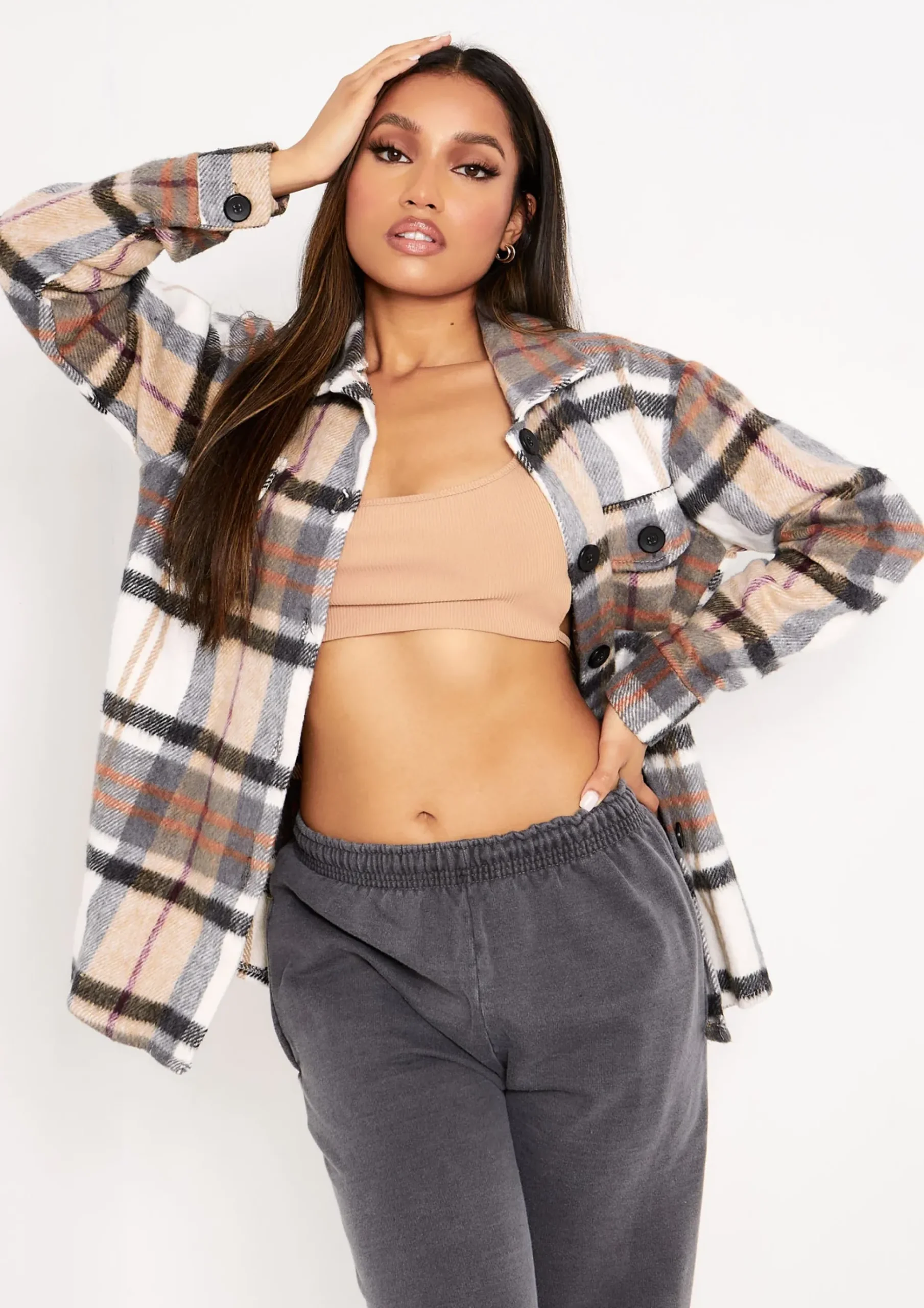 Rita Beige Oversized Checked Shacket^Missy Empire Clearance