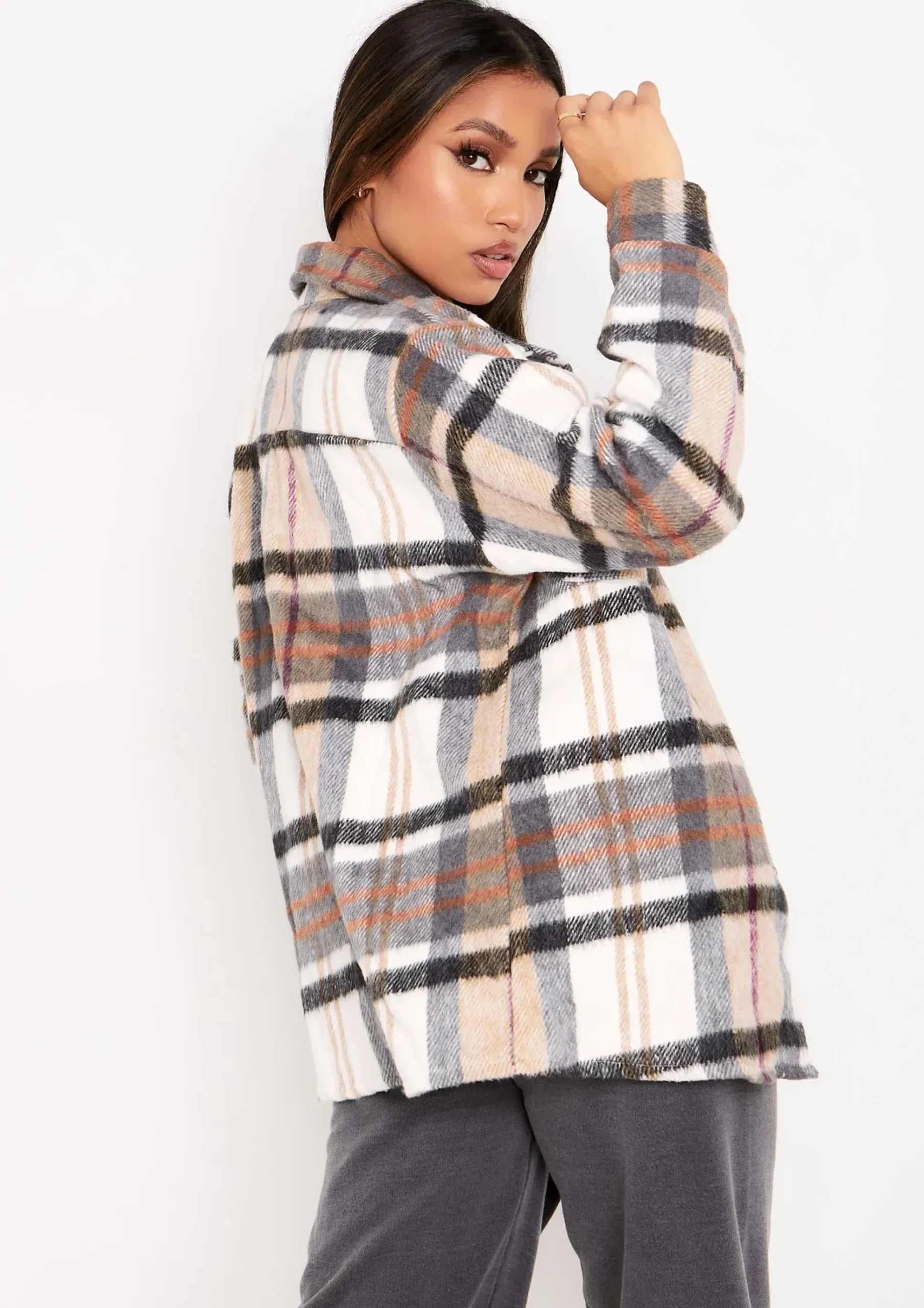 Rita Beige Oversized Checked Shacket^Missy Empire Clearance