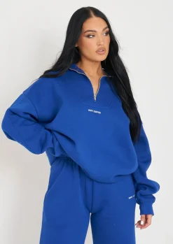 Online Rivka Cobalt Blue Embroidered Half Zip Oversized Sweatshirt Women Tracksuits