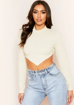 Roderiga Beige Ribbed High Neck Tie Back Crop Top^Missy Empire New