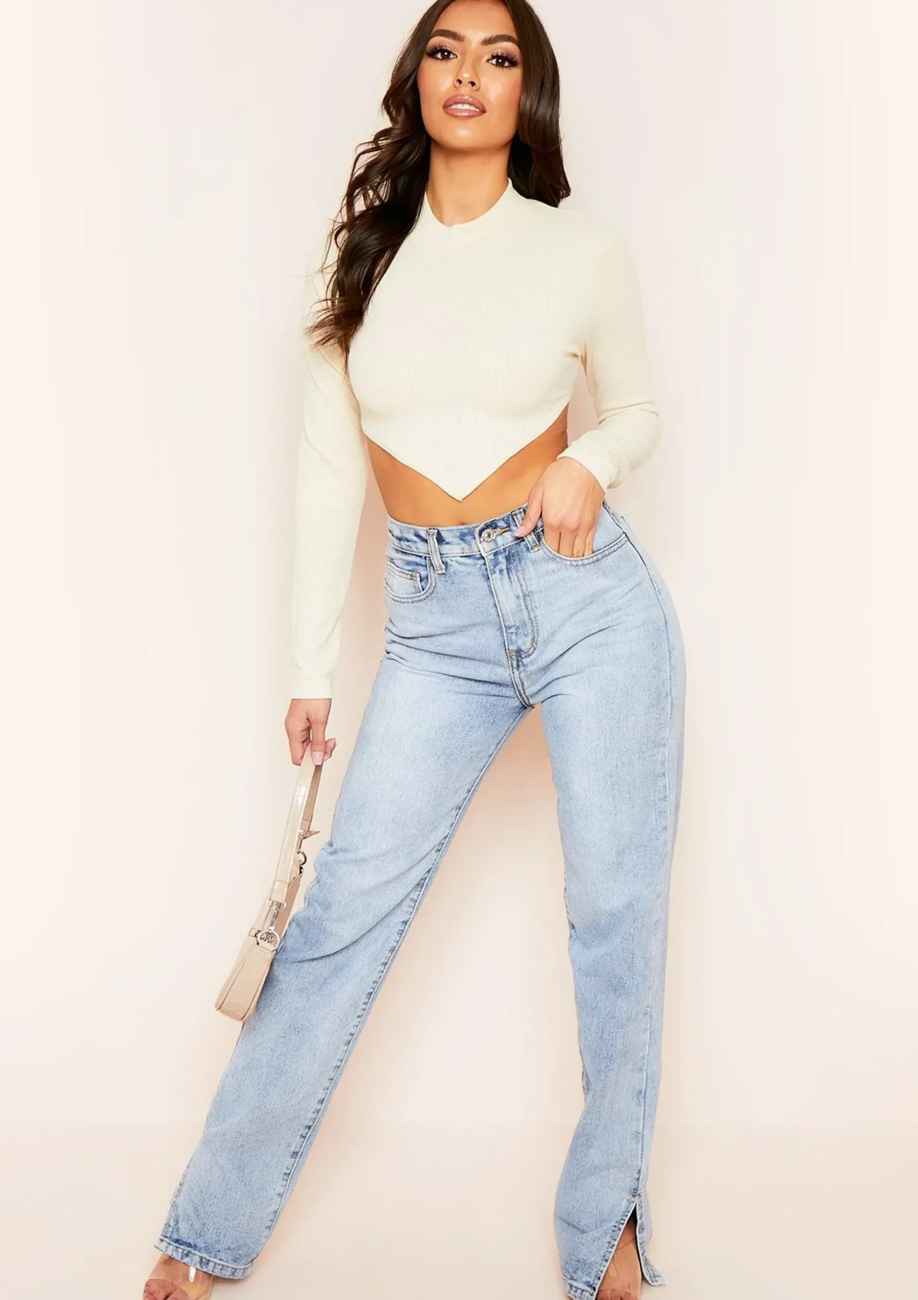 Roderiga Beige Ribbed High Neck Tie Back Crop Top^Missy Empire New