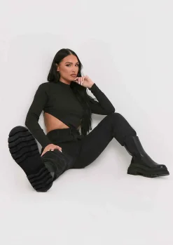 Roderiga Black Ribbed High Neck Tie Back Crop Top^Missy Empire Clearance