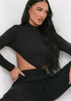 Roderiga Black Ribbed High Neck Tie Back Crop Top^Missy Empire Clearance