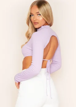 Roderiga Lilac Ribbed High Neck Tie Back Crop Top^Missy Empire Best