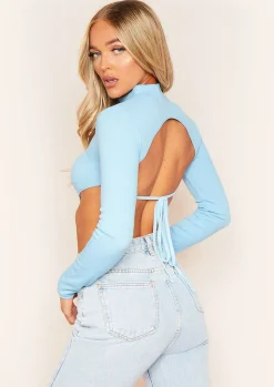 Roderiga Pastel Blue Ribbed High Neck Tie Back Crop Top^Missy Empire Cheap
