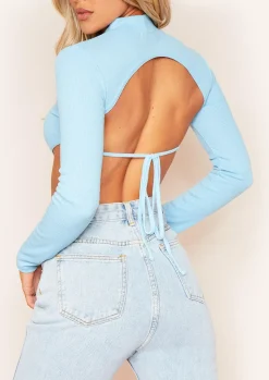 Roderiga Pastel Blue Ribbed High Neck Tie Back Crop Top^Missy Empire Cheap