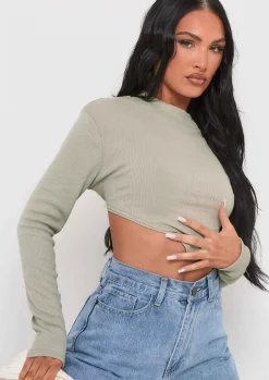 Roderiga Sage Ribbed High Neck Tie Back Crop Top^Missy Empire Best Sale