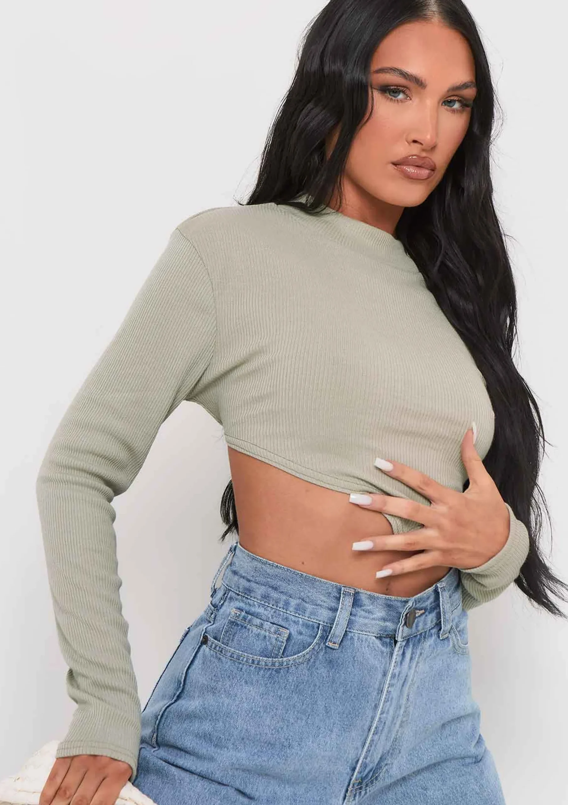 Roderiga Sage Ribbed High Neck Tie Back Crop Top^Missy Empire Best Sale