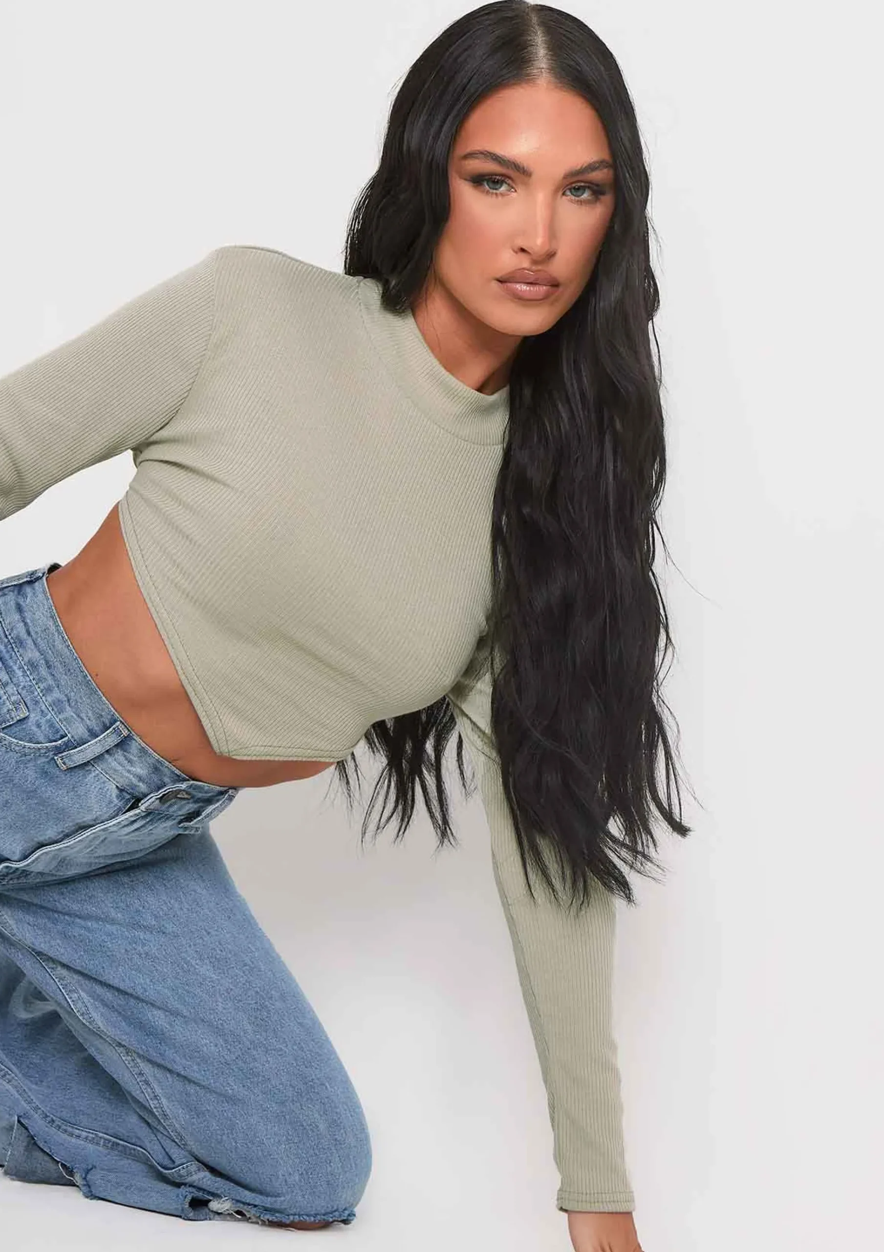 Roderiga Sage Ribbed High Neck Tie Back Crop Top^Missy Empire Best Sale