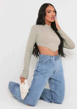 Roderiga Sage Ribbed High Neck Tie Back Crop Top^Missy Empire Best Sale