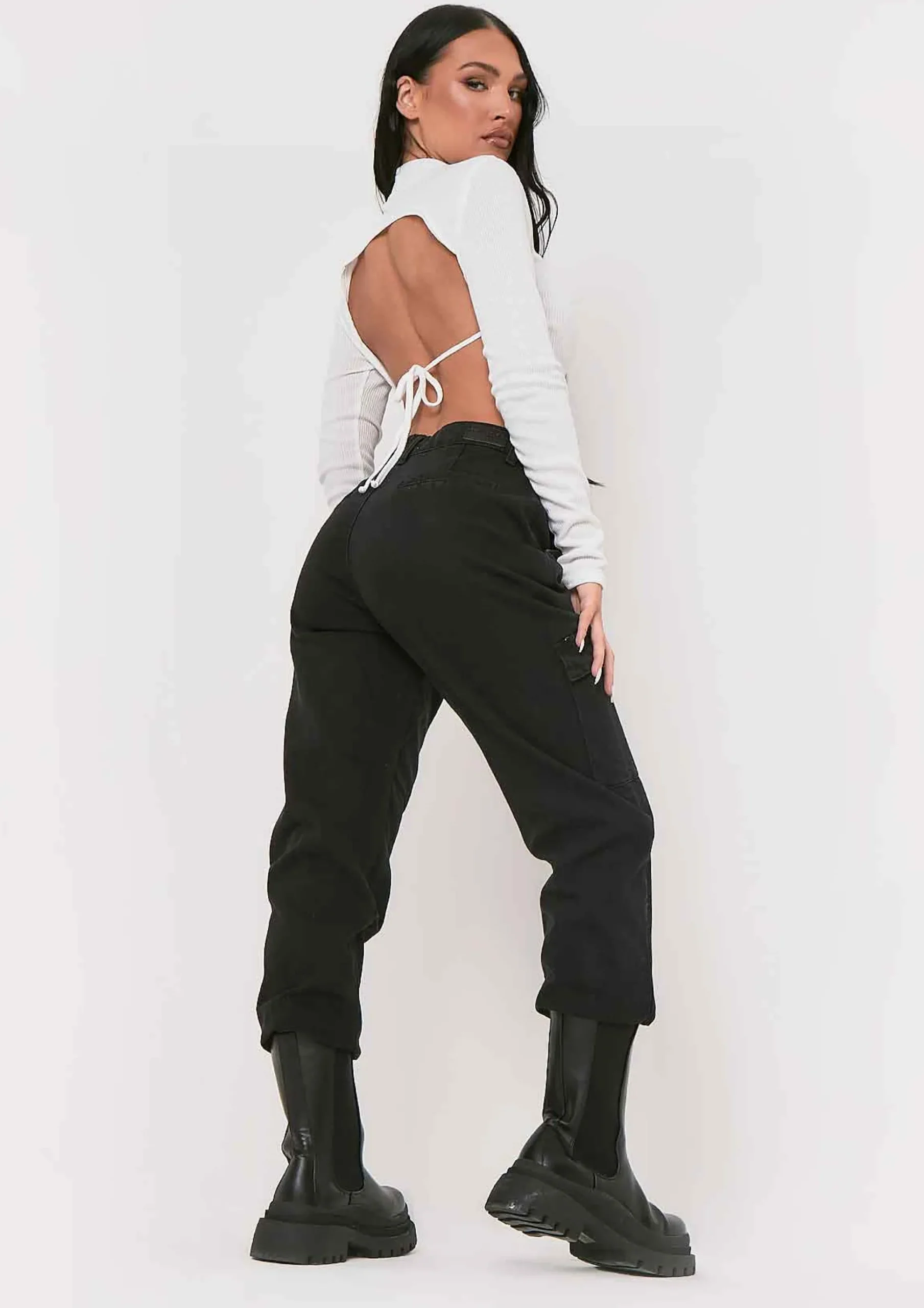 Roderiga White Ribbed High Neck Tie Back Crop Top^Missy Empire Online