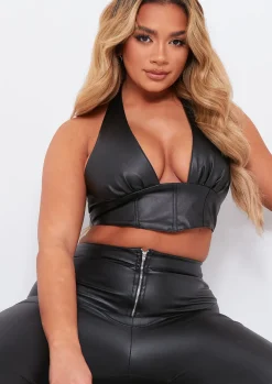 Romy Black Pu Cropped Corset Halterneck Top^Missy Empire Best
