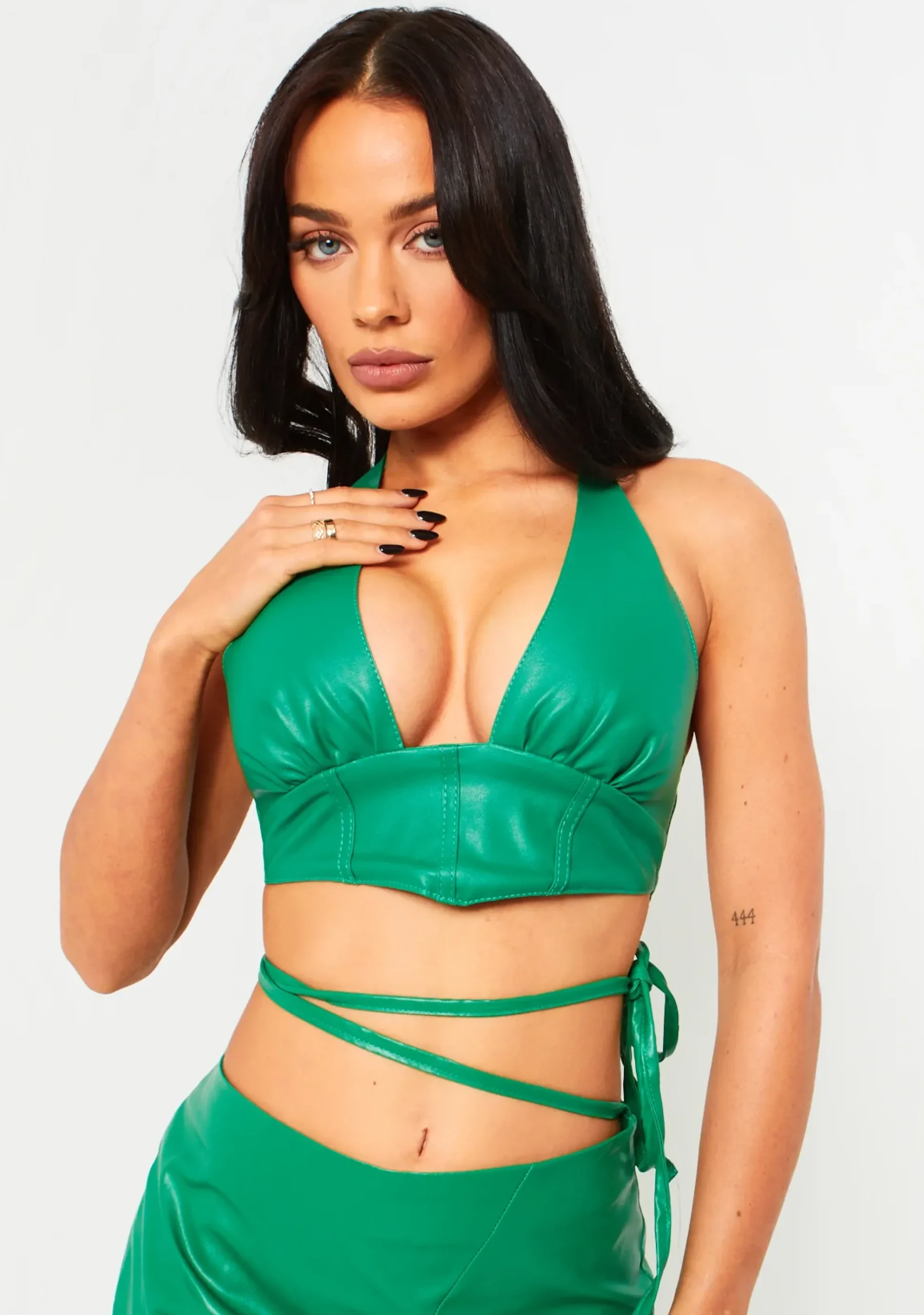 Romy Green Pu Cropped Corset Halterneck Top^Missy Empire Sale